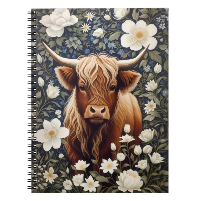 Carnet Vache Highland Élégant Blanc Floral (Devant)