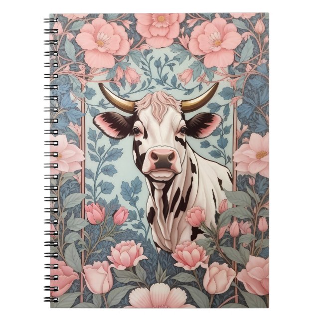 Carnet Vache mignonne avec Arrière - plan floral rose (Devant)