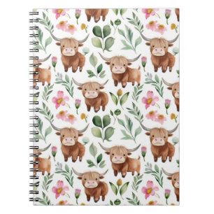 Carnet Vaches Highland et fleurs roses Motif Floral