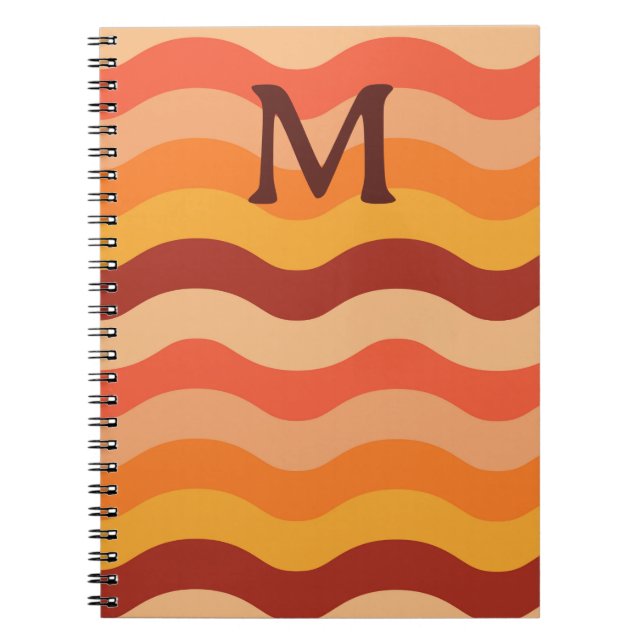 Carnet Vagues abstraites rétro orange et jaune Monogrammé (Devant)