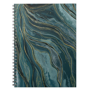 Carnet Vagues aquarelles abstraites bleu sarcelle or