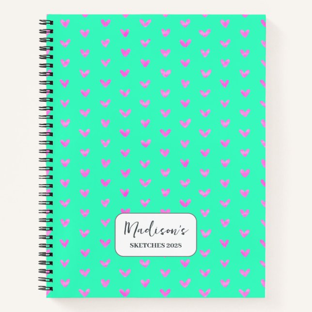 Carnet Valentine Coeurs roses Bright Green Personnalisé (Devant)