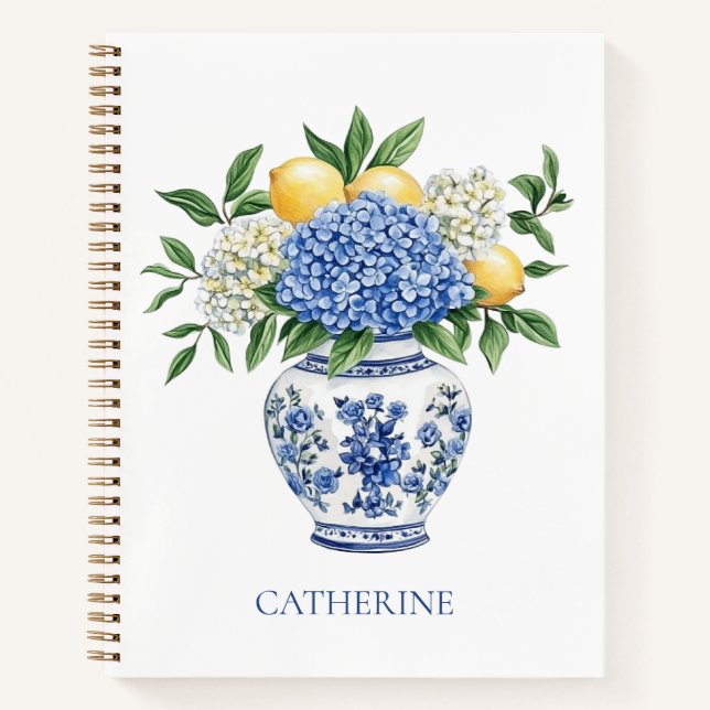 Carnet Vase Chinoiserie Bleu et Blanc avec hydrangées (Devant)
