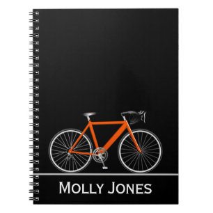 Carnet Vélo orange avec nom sur noir