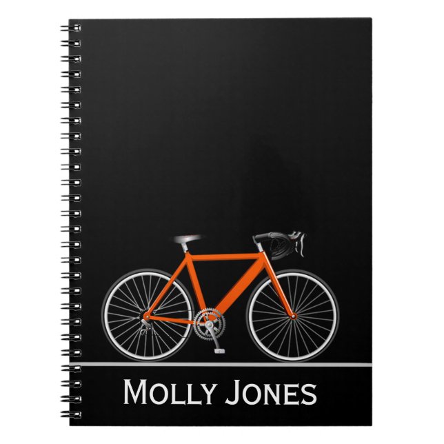 Carnet Vélo orange avec nom sur noir (Devant)