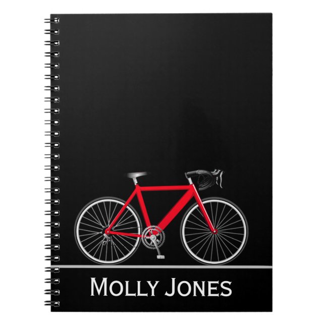 Carnet Vélo rouge avec nom sur noir (Devant)