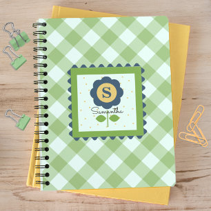 Carnet Vert Bleu Floral Gingham Monogrammé