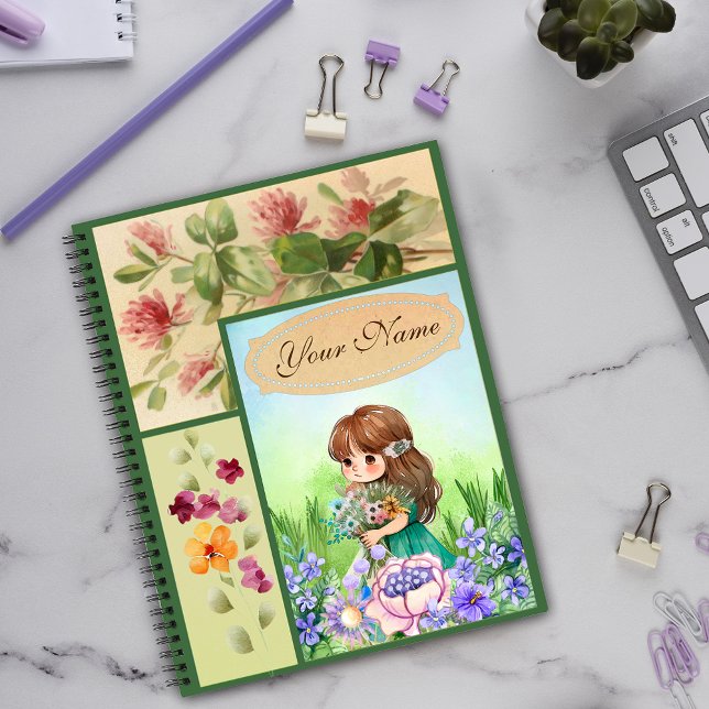 Carnet Vert Cadre Printemps Décor Fleurs mignonnes Fille (Créateur téléchargé)