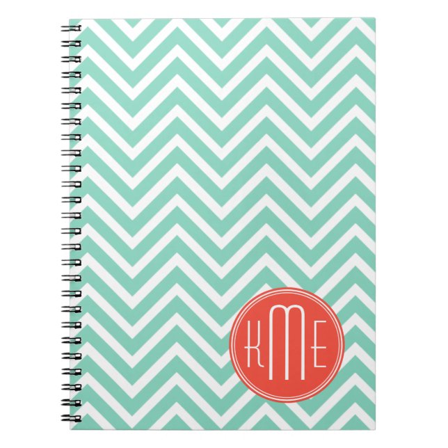 Carnet Vert chic Chevron d'Aqua et monogramme fait sur (Devant)