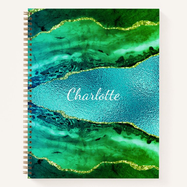 Carnet Vert émeraude agate bille nom script (Devant)