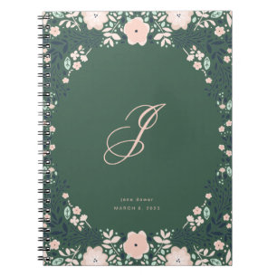 Carnet Vert émeraude doux monogramme floral personnalisé