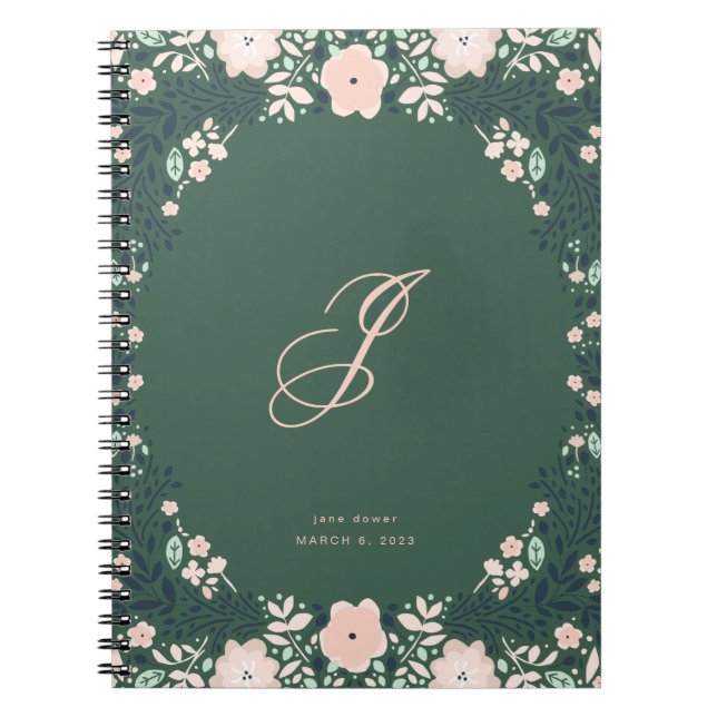Carnet Vert émeraude doux monogramme floral personnalisé (Devant)