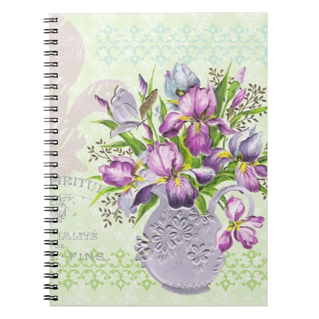 Carnet Vert lunatique de fleurs pourpres minables (Devant)