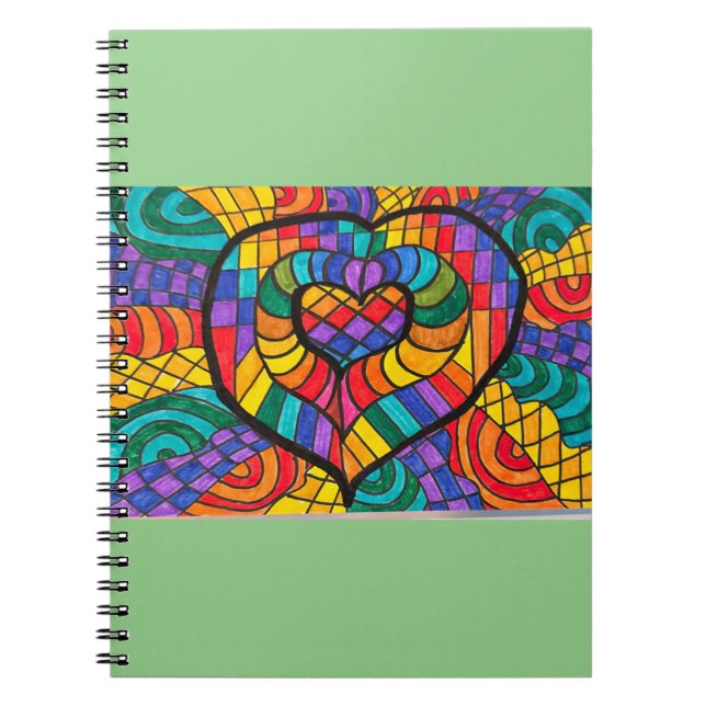 Carnet vert menthe avec coeur multicolore (Devant)