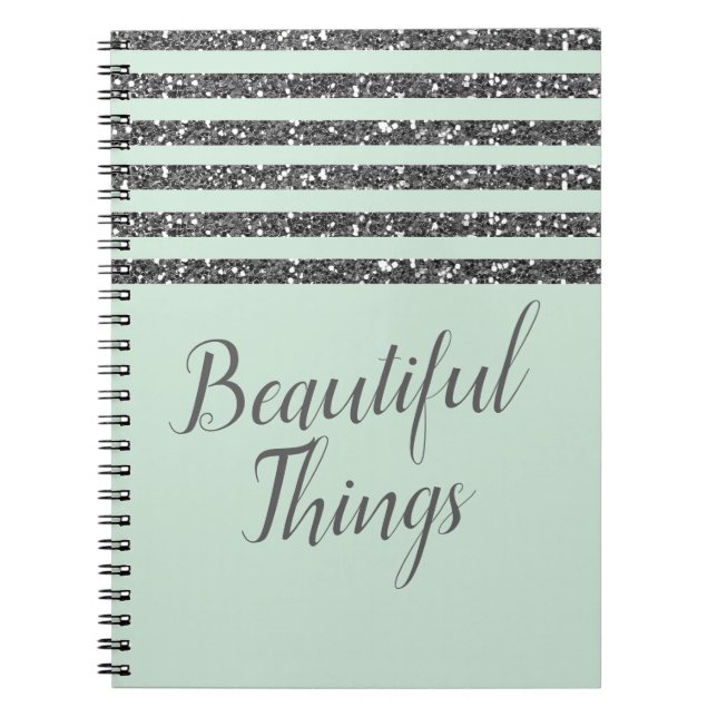 Carnet Vert Menthe et Rayures de Paillettes Argentées Bri (Devant)