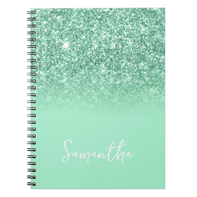 Carnet Vert Menthe Paillettes Ombré Nom (Devant)