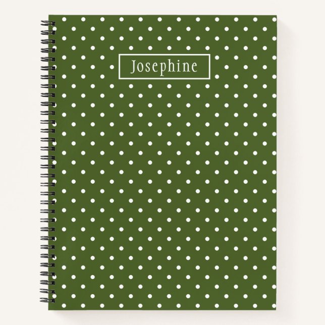 Carnet Vert olive et pois blancs avec nom (Devant)
