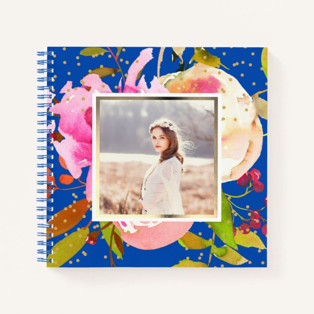 Carnet Vibrant bleu floral et Confetti photo (Devant)