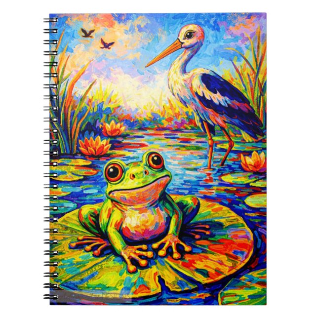 Carnet Vibrant Grenouille et Héron Étang Art Lily (Devant)
