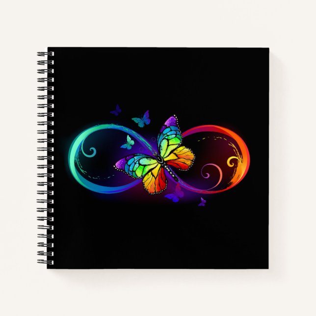 Carnet Vibrant infinity with rainbow butterfly on black (Devant)