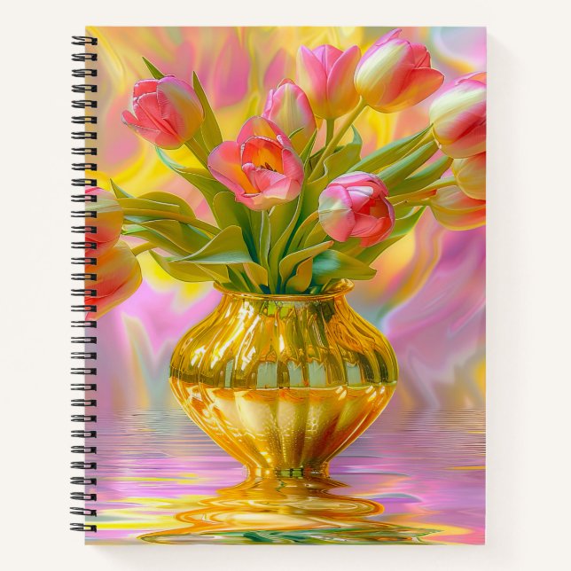 Carnet Vibrant Pink Tulips in Golden Vase (Devant)