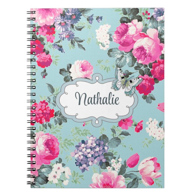 Carnet Vieux Roses et papillon Nom personnalisé Cadeau (Devant)