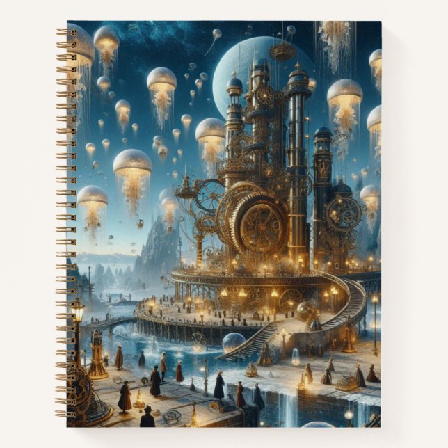 Carnet Ville ancienne futuriste Steampunk avec méduses (Devant)