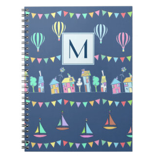 Carnet Ville côtière voiliers et guirlandes monogramme