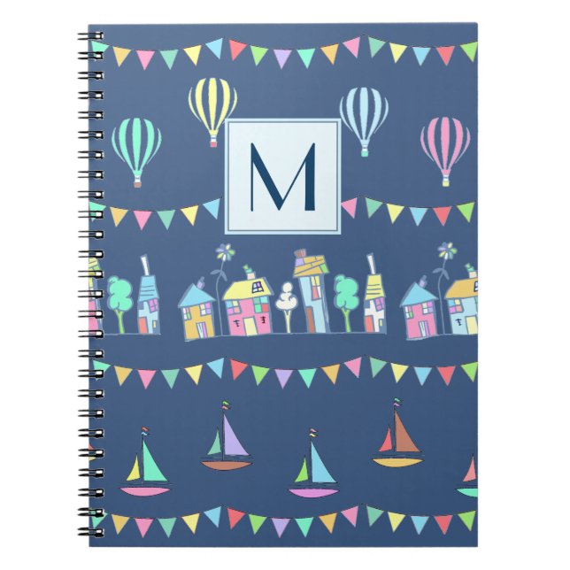 Carnet Ville côtière voiliers et guirlandes monogramme (Devant)