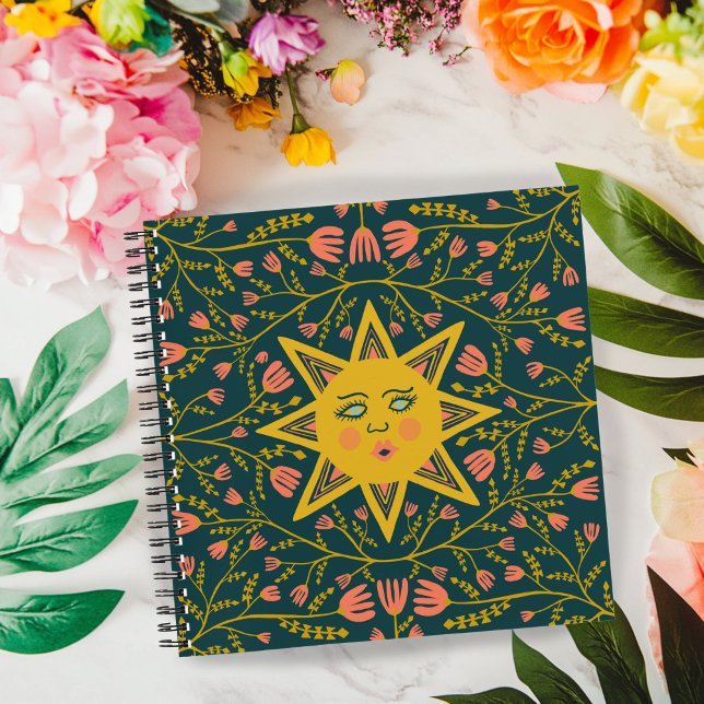 Carnet Vins Sun & Flower Motif Boho Cute (Sun & Flowering Vines Pattern Boho Cute  Spiral  Notebook
)