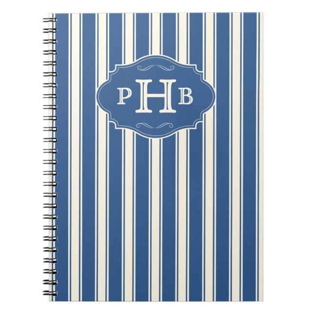 Carnet Vintage Blue Stripes Elegant Three-Letter Monogram (Devant)