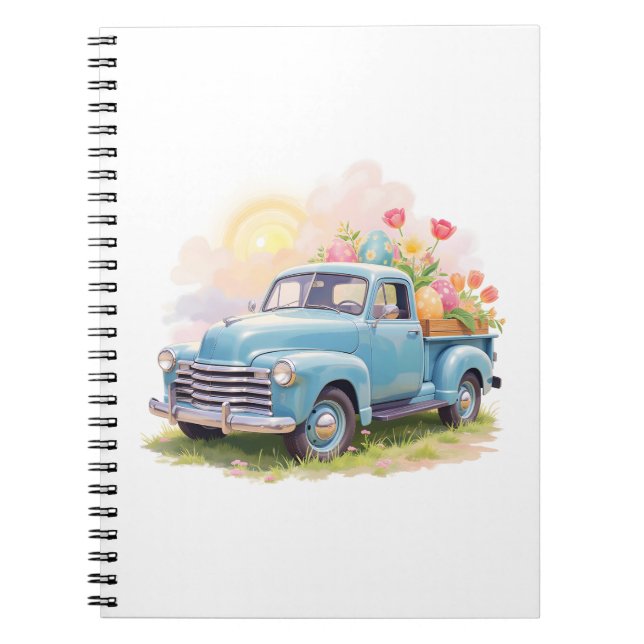 Carnet Vintage Blue Truck with Easter Eggs & Tulips (Devant)