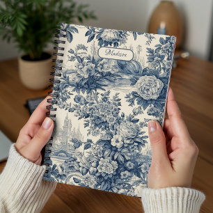 Carnet Vintage Chic Bleu Toile de Jouy Monogramme