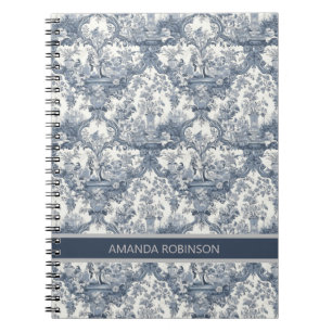 Carnet Vintage damas à fleurs Bleu toile de jouy monogram