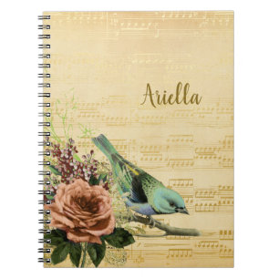 Carnet Vintage Floral Bird Gold Music Nom personnalisé