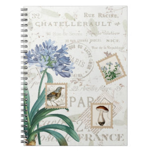Carnet Vintage français Script Nature Flower Bird Champin