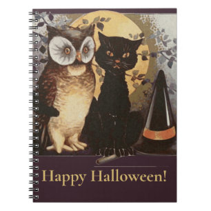 Carnet Vintage Halloween Chat noir et hibou sorcière Casq