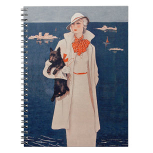 Carnet Vintage Lady En Blanc Scotty Terrier Chien Océan