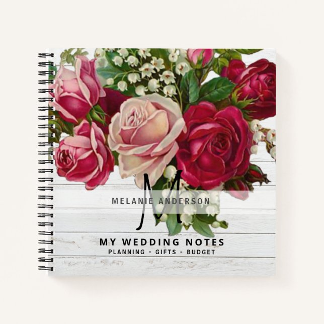Carnet Vintage Rose Roses Monogramme Mariage Planificatio (Devant)