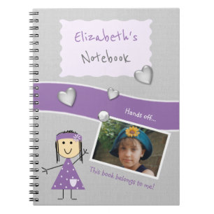 Carnet Violet et gris avec des cœurs un nom et une photo