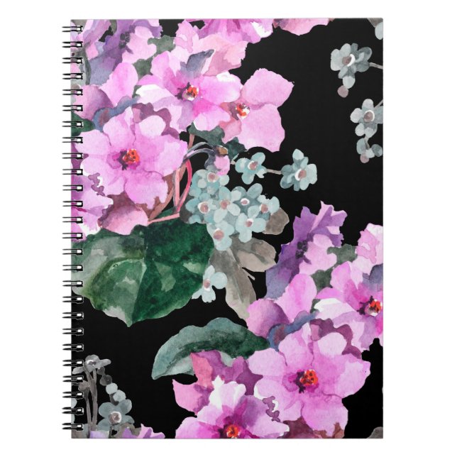 Carnet Violet fleurs et oublier moi pas aquarelle sur bla (Devant)