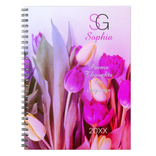Carnet Violet jaune Tulipe rose Nom Monogramme Titre Anné