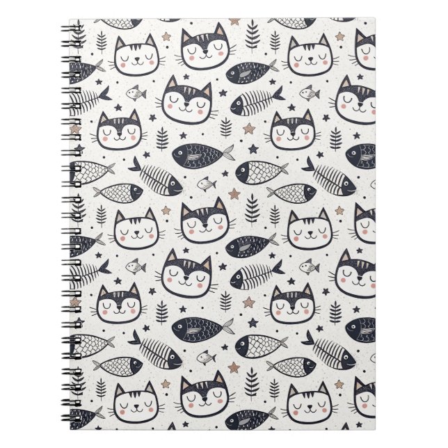 Carnet Visage de Chat Mignon & Motif d'Os de Poisson - De (Devant)