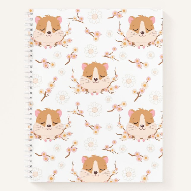 Carnet Visage de hamster mignon et motif de fleurs roses (Devant)