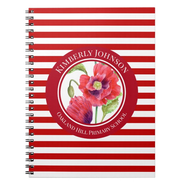 Carnet Vivid Red Poppies Floral Cercle Blanc rayures (Devant)