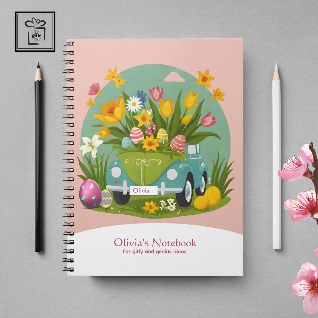 Carnet Voiture Florale Fille personnalisée sur le thème d (Custom Girly Floral Car Easter-themed Notebook)