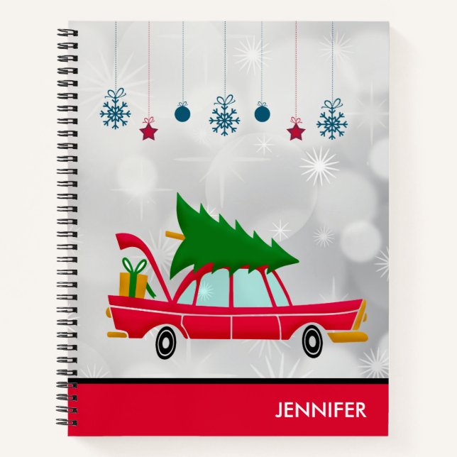 Carnet Voiture rouge rétro portant un arbre de Noël (Devant)