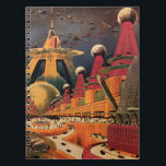 Carnet Voiture volant vintage de science fiction futurist<br><div class="desc">illustration vintage image de science-fiction voyage et transport avec un livre classique retro sci fi milieu urbain avec une ville de l'avenir. Les bâtiments architecturaux sont en forme de cônes et les véhicules volent dans le ciel comme des oiseaux tandis que la foule se déplace à travers la métropole.</div>