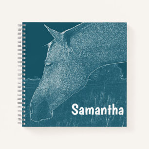 Carnet Votre nom Cheval Moderne Blanc sur Bleu Vert Turqu