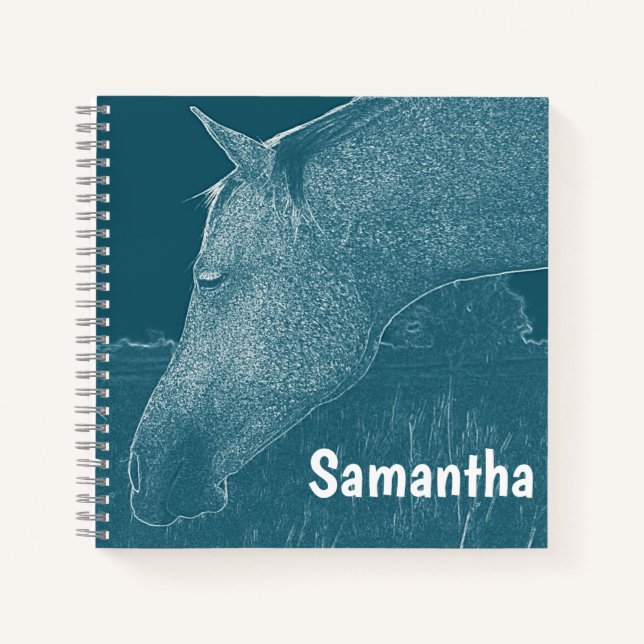 Carnet Votre nom Cheval Moderne Blanc sur Bleu Vert Turqu (Devant)
